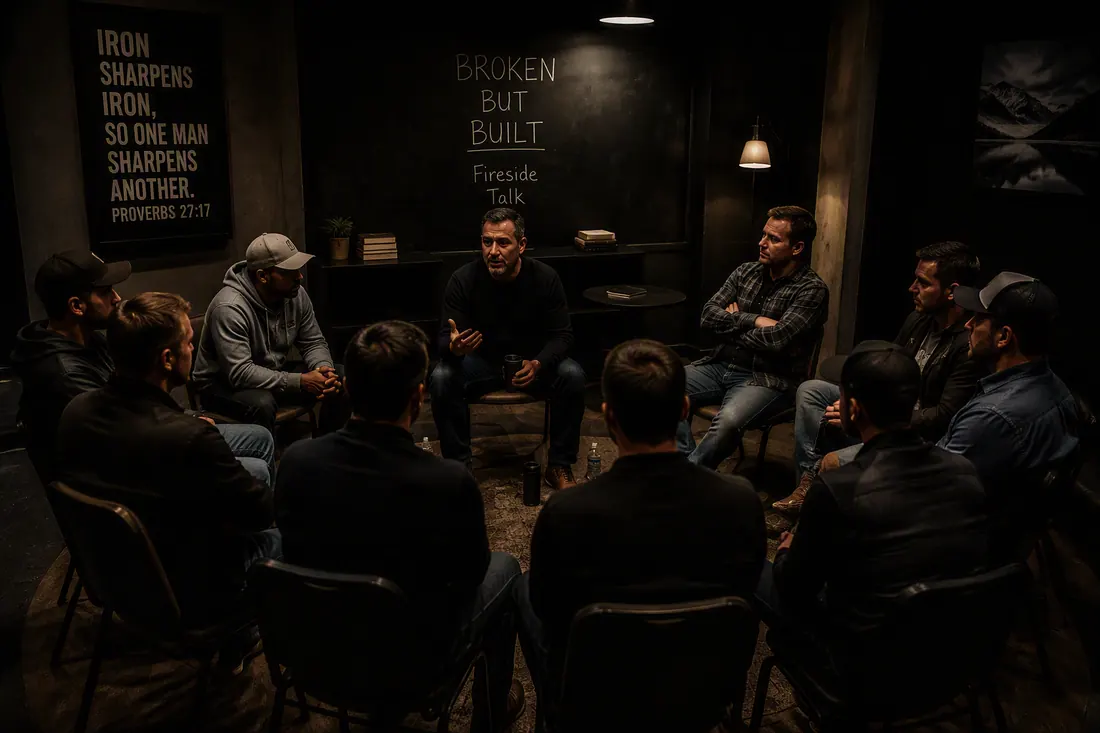 Men seated in a circle for a fireside talk